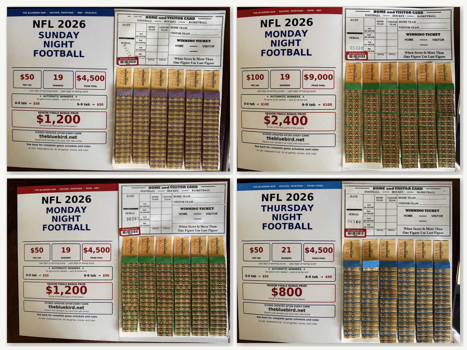 The four NFL 2026 sports tab boards posted at the Bluebird Bar: Sunday Night Football ($50, serial 39772), Monday Night Football ($100, serial 35431 and $50, serial 36262), and Thursday Night Football ($50, serial 38340).