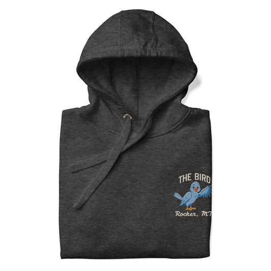 Charcoal pullover hoodie with The Bird design