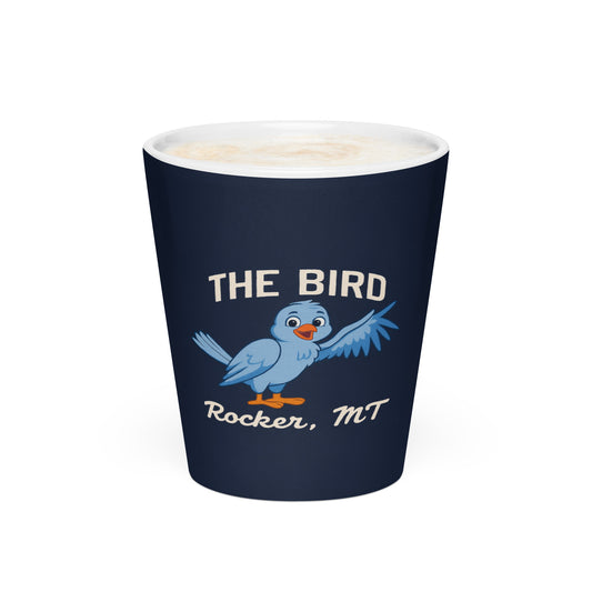 Navy latte mug with The Bird, Rocker MT design